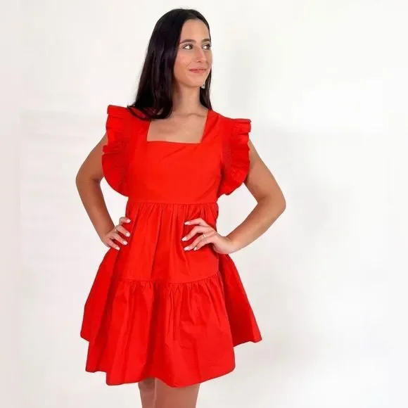 English Factory - Ruffled Dress with Smocking Detail Red / Xs